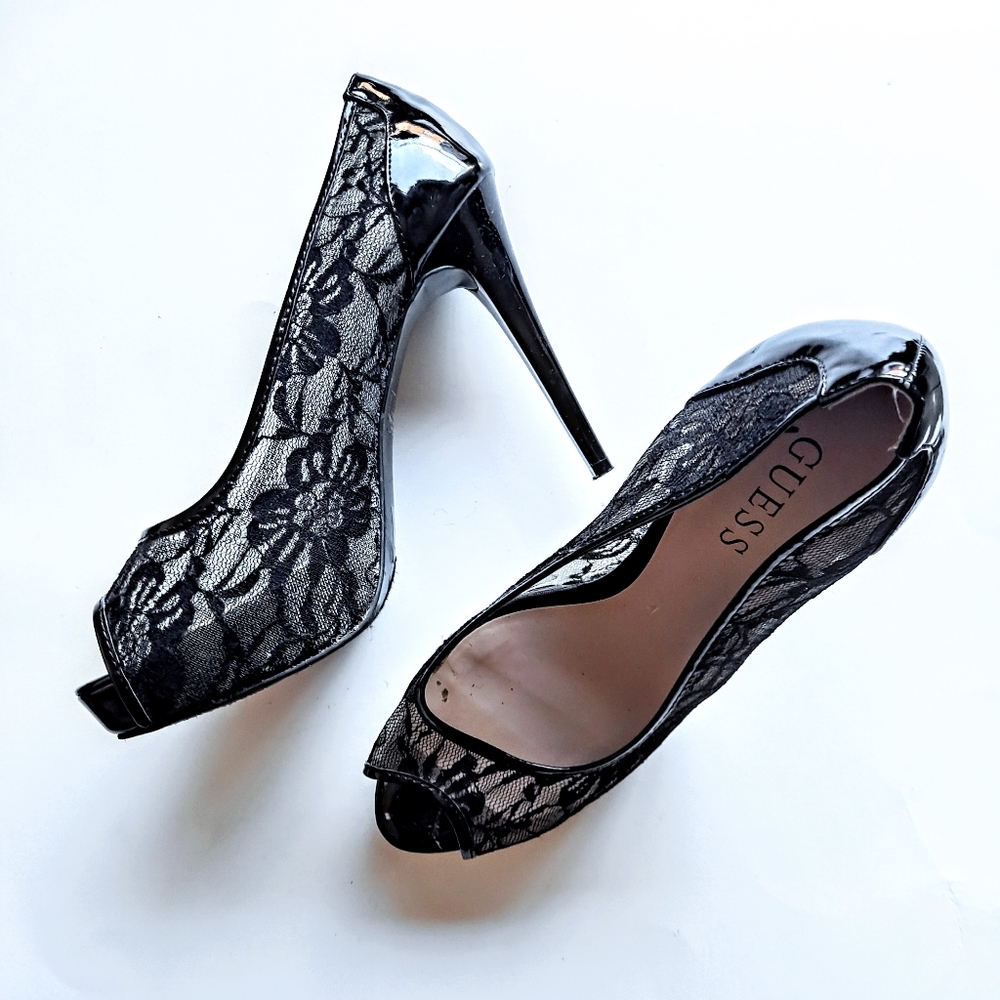 GUESS Black Lace Peep Toe High Heel Stiletto Pumps